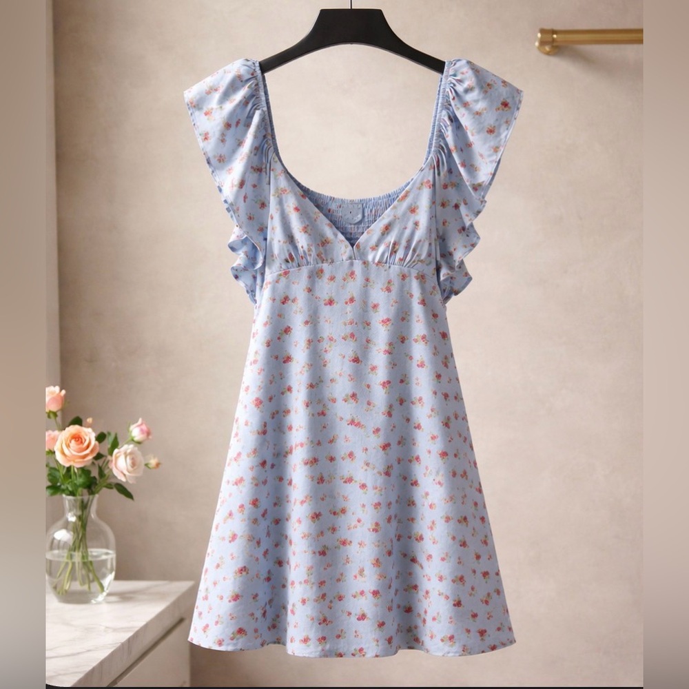 ARULA Powder Blue Mini Dress with Pink Floral Print